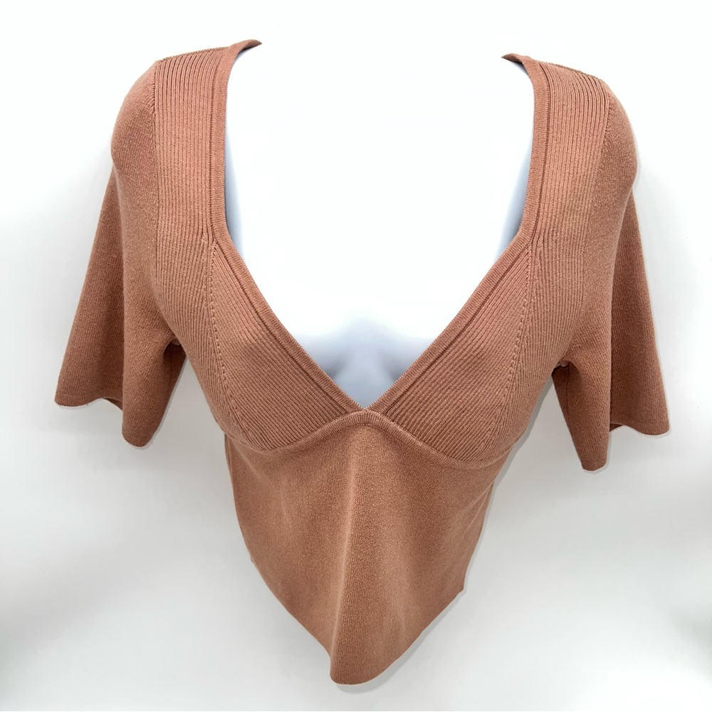 Free People Deep V-Neck Cropped Short Sleeve Rib Knit Sweater in Pink/Brown Sz L